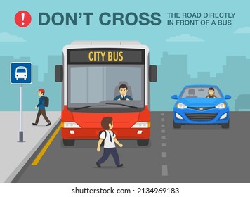 Pedestrian safety and car driving rules. Young boy crossing the road directly in front of a bus. Hidden pedestrian about to be hit by car at bus stop. Flat vector illustration template.