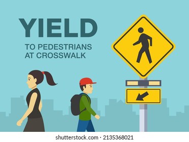 Pedestrian safety and car driving rules. Close-up view of pedestrians on the city road. Yield to pedestrians at crosswalk warning sign meaning. Flat vector illustration template.