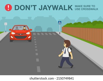 Pedestrian safety and car driving rules. Schoolboy crossing the road directly in front of a red car. Don't jaywalk, make sure to use crosswalk. Flat vector illustration template.