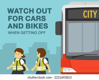 Pedestrian safety and car driving rules. School children getting off the bus at bus stop. Watch out for cars and bikes. Close-up front view. Flat vector illustration template.
