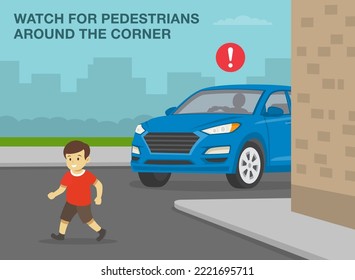 Pedestrian safety and car driving rules. Male kid running onto road. Watch for pedestrians around the corner. Flat vector illustration template.