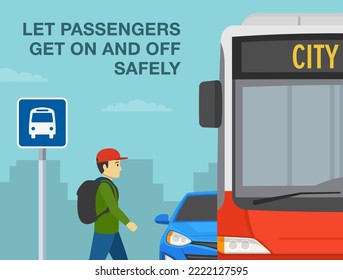 Pedestrian safety and car driving rules. Male kid getting on the bus at bus stop. Let passengers get on and off safely. Close-up front view. Flat vector illustration template.