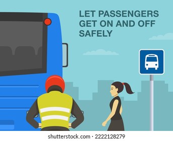 Pedestrian safety and car driving rules. Female character getting on the bus at bus stop. Let passengers get on and off safely. Close-up back view of biker behind the bus. Flat vector illustration.