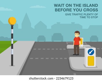 Pedestrian safety and car driving rules. Male kid crossing the street on crosswalk. Wait on the island before you cross, give traffic time to stop. Zebra crossing with a central island. Flat vector.