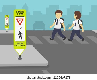 Pedestrian safety and car driving rules. School boys crossing the street on crosswalk. Close-up of a crosswalk sign. Pedestrian crossing and a central island. Flat vector illustration template.