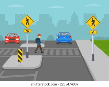 Pedestrian safety and car driving rules. Male kid crossing the street on crosswalk. Crosswalk sign with diagonal arrow. Medians and pedestrian refuge islands. Flat vector illustration template.