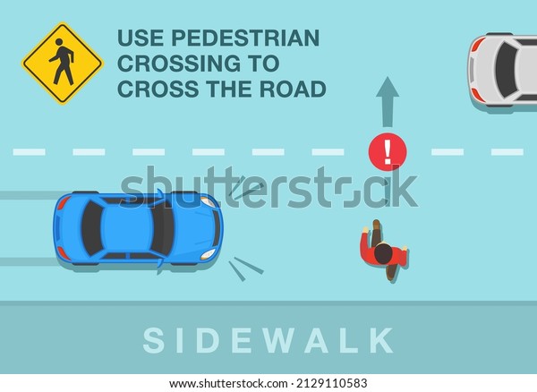 Pedestrian safety and car\
driving rules. Man crossing the street in front of the car. Use\
pedestrian crossing to cross the road warning. Flat vector\
illustration\
template.