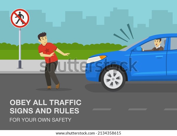 Pedestrian safety and car driving rules. Young
male pedestrian about to be hit by suv car on a city road. Obey all
traffic signs and rules for your own safety. Flat vector
illustration
template.