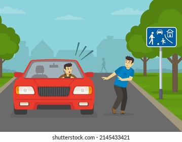 Pedestrian safety and driving rules. Young male pedestrian about to be hit by an angry car driver in residential area. Flat vector illustration template.