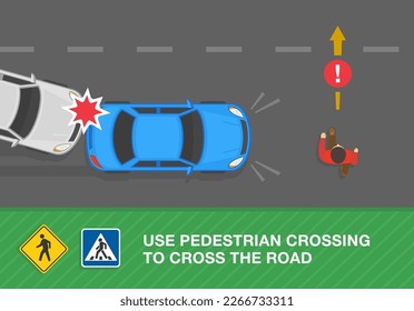 Normas de seguridad peatonal. Hombre cruzando la calle frente al auto. Para cruzar la carretera hay que cruzar un peatón. Vista superior de una colisión de reacción en cadena. Plantilla de ilustración vectorial plana.