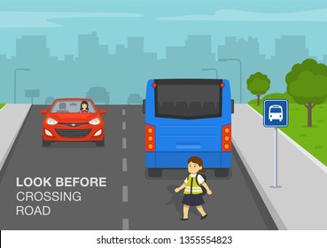 Pedestrian safety rules. School girl crossing road on bus stop. Look before crossing the road. Road safety rule. Flat vector illustration template.