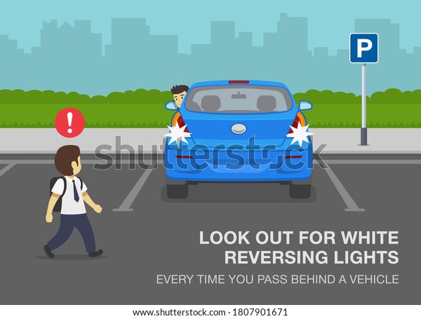 Pedestrian\
safety rules. School kid is passing behind a reversing blue car.\
Look out for white reversing lights every time you pass behind a\
vehicle. Flat vector illustration\
template.