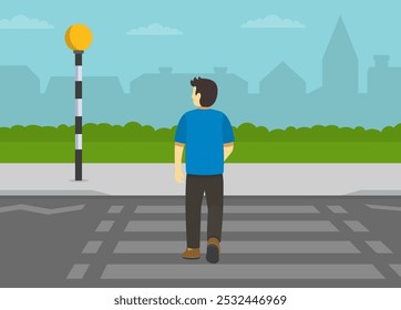 Pedestrian safety rules and tips. Back view of male character on pedestrian crossing with belisha beacon. Flat vector illustration template.