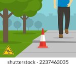 Pedestrian safety rules and tips. Character walking on sidewalk. Close-up view of feet on raise sinking concrete sidewalk. Tripping hazard. Flat vector illustration template.