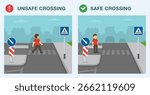 Pedestrian safety rules and tips. Safe and unsafe road crossing. Zebra crossing with a central island. Boy crossing the street on crosswalk. Flat vector illustration template.