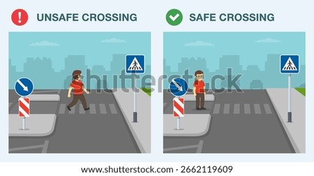 Pedestrian safety rules and tips. Safe and unsafe road crossing. Zebra crossing with a central island. Boy crossing the street on crosswalk. Flat vector illustration template.