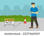 Pedestrian safety rules and tips. Young male character using mobile while walking on the street and about to fall down. Broken concrete sidewalk. Tripping hazard. Flat vector illustration.