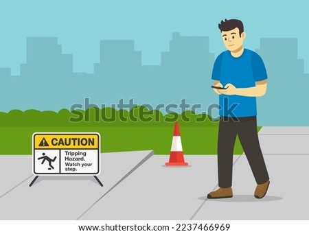 Pedestrian safety rules and tips. Young male character using mobile while walking on the street and about to fall down. Broken concrete sidewalk. Tripping hazard. Flat vector illustration.