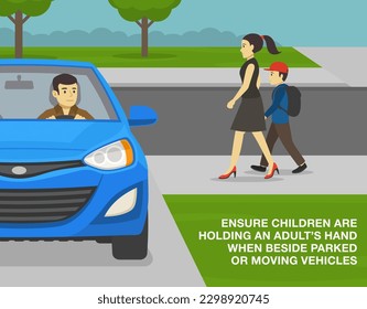 Consejos y normas de seguridad peatonal. El niño sujeta la mano de una mujer adulta cuando se encuentra junto a un vehículo estacionado o en movimiento. Cierre del coche moviéndose hacia atrás en la carretera. Plantilla de ilustración vectorial plana.