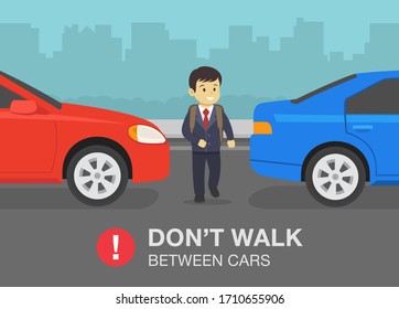 Pedestrian safety tips and rules. Male school kid crossing the street. Don't walk between parked cars. Flat vector illustration template.