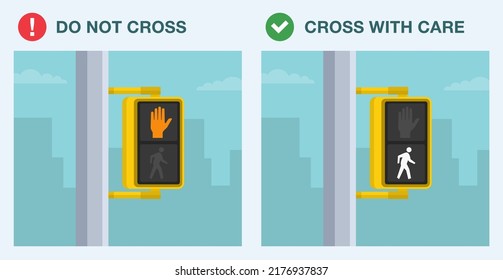 Pedestrian safety tips and traffic regulation rules. Do's and don'ts. "Walk" or "don't walk" signals. Flat vector illustration of close-up traffic light.