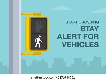 Pedestrian safety tips and traffic regulation rules. "Walk" or "don't walk" signals. Start crossing, stay alert for vehicles. Close-up view. Flat vector illustration template. 