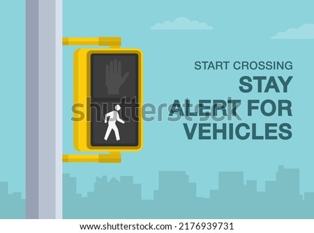 Pedestrian safety tips and traffic regulation rules. 