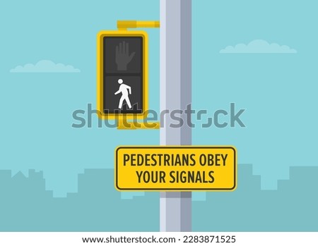 Pedestrian safety tips and traffic regulation rules. Close-up pedestrian traffic signal. 