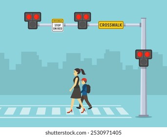 Pedestrian safety. Traffic regulation rules and tips. Female character holds kid's hand while crosses the street on hawk crosswalk. Flat vector illustration template.