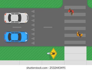 Pedestrian safety. Traffic regulation rules and tips. Top view of a pedestrians crossing the street on an advanced crosswalk. Flat vector illustration template.