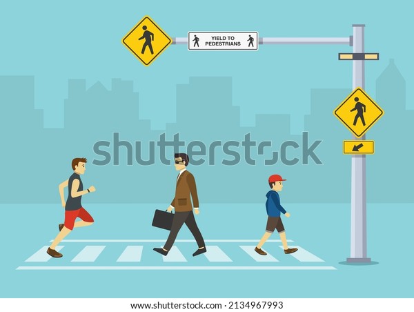 Pedestrian safety. Traffic\
regulation rules and tips. Pedestrian crossing sign. Group of\
people crossing the road on crosswalk. Flat vector illustration\
template.