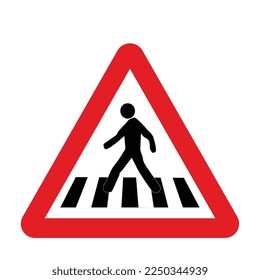 Pedestrian or school crossings sign in a red triangle with black sign and traffic sign. UK and USA road sign with white background. Common traffic signs and symbol in the road in rounded triangle.