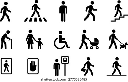 Pedestrian Silhouette Icon Set, Accessibility and Walking Signs, Modern Flat Vector Infographic Icons
