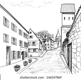 Pedestrian street in the old european city with tower on the background. Historic city street. Hand drawn sketch of cityscape. Vector illustration. 