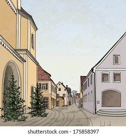 Pedestrian street in the old european city with tower on the background. Historic city street. Hand drawn sketch. Vector illustration. 