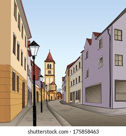 Pedestrian street in the old european city with tower on the background. Historic city street. Hand drawn sketch. Vector illustration. 