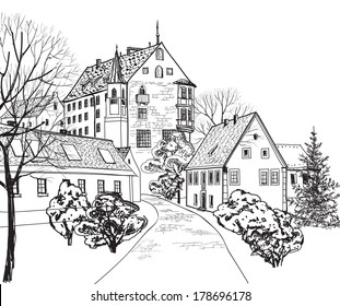  Pedestrian street in the old european city with tower on the background. Historic city street. Hand drawn sketch of cityscape. Vector illustration. 
