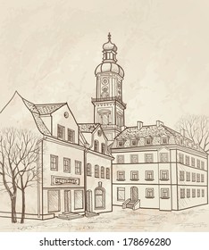  Pedestrian street in the old european city with tower on the background. Historic city street. Hand drawn sketch of cityscape. Vector old fashioned  illustration. 