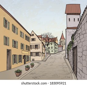 Pedestrian street in the old european city with tower on the background. Historic city street. Hand drawn sketch. Vector illustration. 