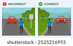 Pedestrian tips and safety rules. Correct and incorrect roadside walking. Back view of a pedestrian. Walk on left, facing traffic sign area. Flat vector illustration template.