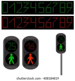 Pedestrian Traffic light. Led backlight. Red and green led digits. Continued and stop movement. The rules of the road. Vector illustration.