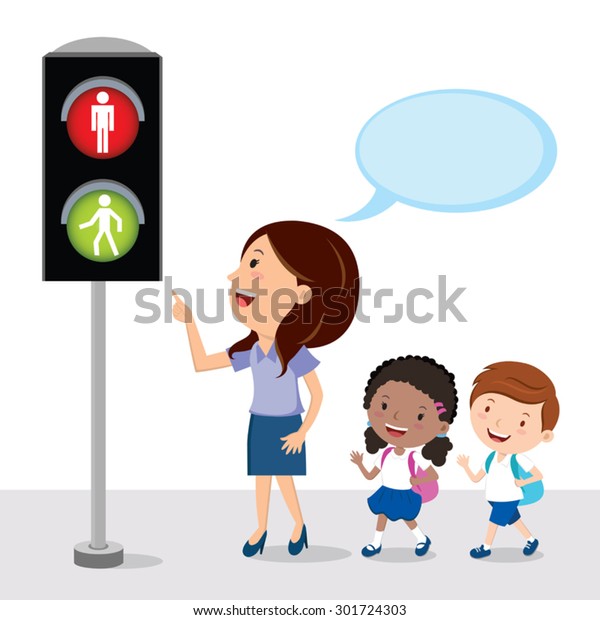 歩行者用信号灯 学校の子どもたちを示す先生は ゴー アンド ストップ インジケーターと交通信号を持っている のベクター画像素材 ロイヤリティフリー