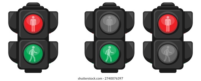 Pedestrian traffic light vector set showing red stop and green go walking man signals, flat design crosswalk indicator icons for road safety, urban transportation, and street infrastructure projects.