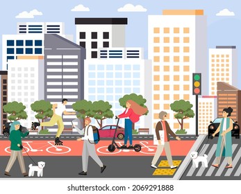 Pedestrian traffic. People walk in street, cross road at crosswalk on green light, roller skate, ride scooter, vector.