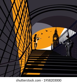 Pedestrian underpass in London. A guy plays the guitar and a girl plays the violin at sunset. Vector illustration.