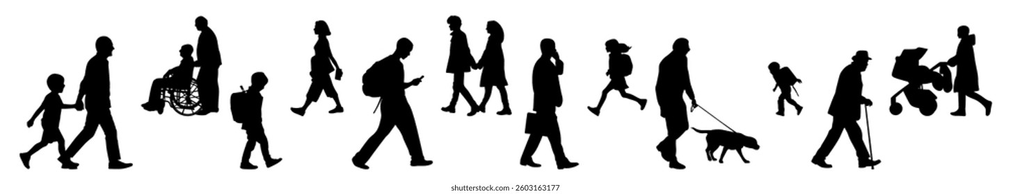 pedestrian vector icon. collection of silhouettes of people walking in various ages and positions