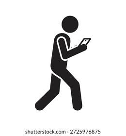 Pedestrian walker icon looking at smartphone walking for mobile addiction social media and distracted walking technology danger lifestyle