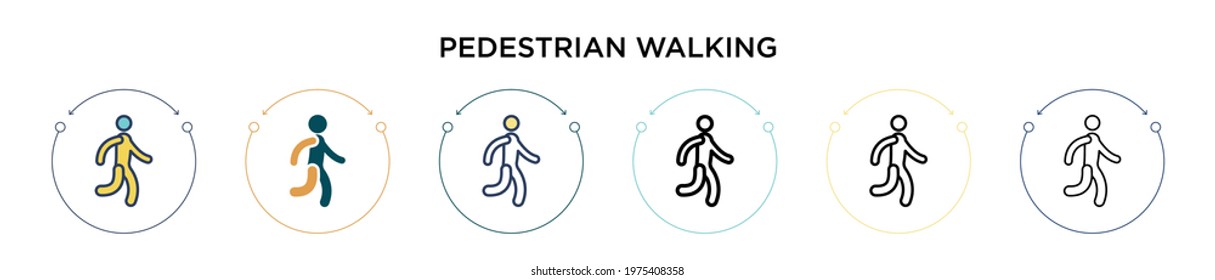 Pedestrian walking icon in filled, thin line, outline and stroke style. Vector illustration of two colored and black pedestrian walking vector icons designs can be used for mobile, ui, web