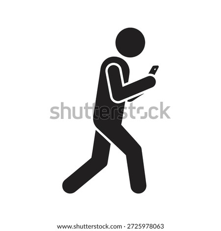 Pedestrian walking icon looking smartphone screen for mobile navigation app and digital device reading internet communication browsing