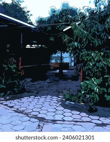 A pedestrian walkway in a simple restaurant with a rustic feel.